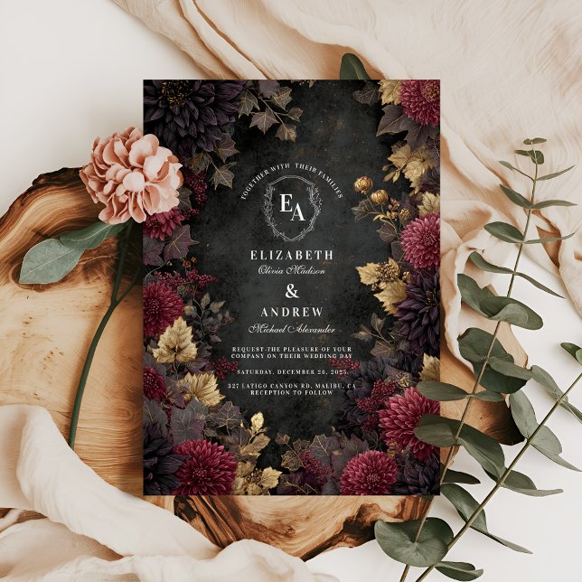 Dark Romance Burgundy Floral Wedding Invitation (Creator Uploaded)