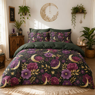 Dark Romance Celestial Moon Purple Gold Duvet Cover