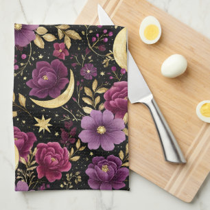 Dark Romance Celestial Moon Purple Gold Kitchen Towel