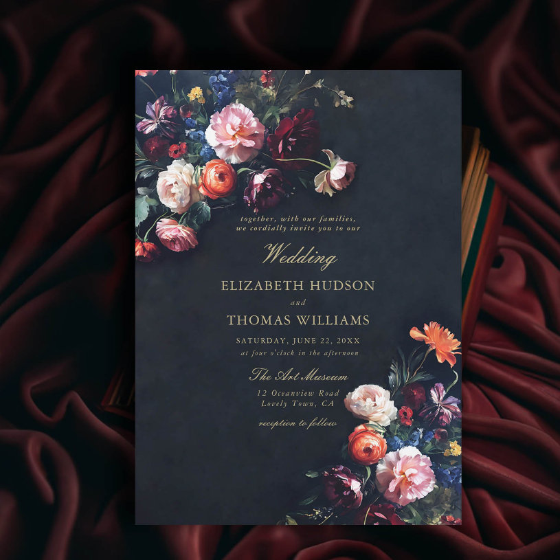 Dark Romance Fairytale Moody Bouquet Navy Wedding                    Invitation