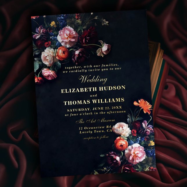Dark Romance Fairytale Moody Floral Frame Wedding Foil Invitation (dark romantic wedding invitation fairytale romance black navy dutch floral frame painting gold foil)