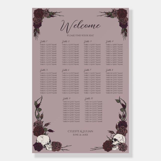 Dark Romance Mauve Floral Skull Seating Chart Sign (Front)