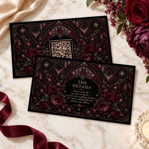 Dark Romance Stained Glass Burgundy QR Wedding Enclosure Card