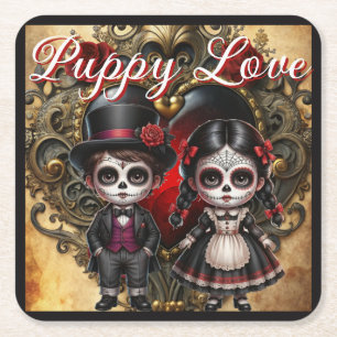 Dark Romance Sugar Skulls_Puppy Love Square Paper Coaster