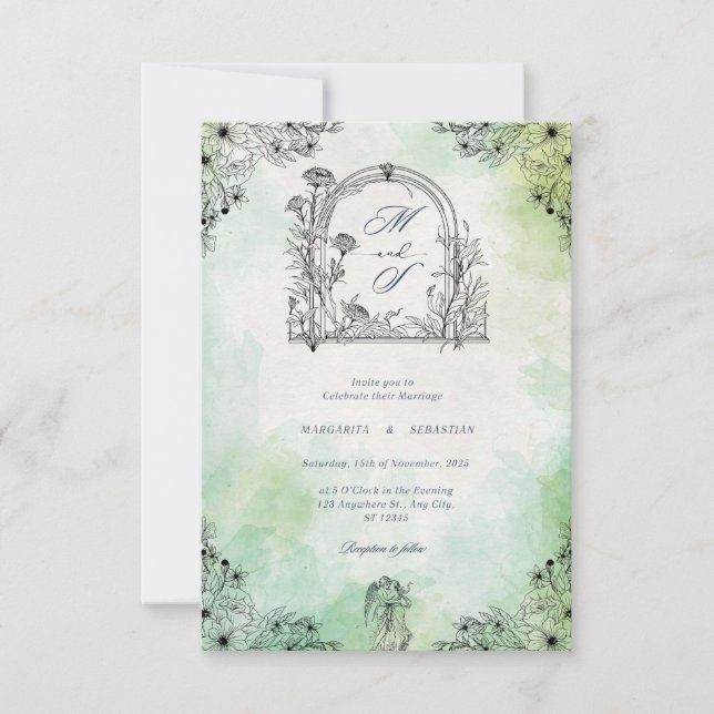 dark romance vintage save the date green  invitation (Front)