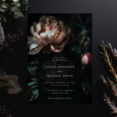 Dark Romantic Black Peony Floral Wedding Invitation