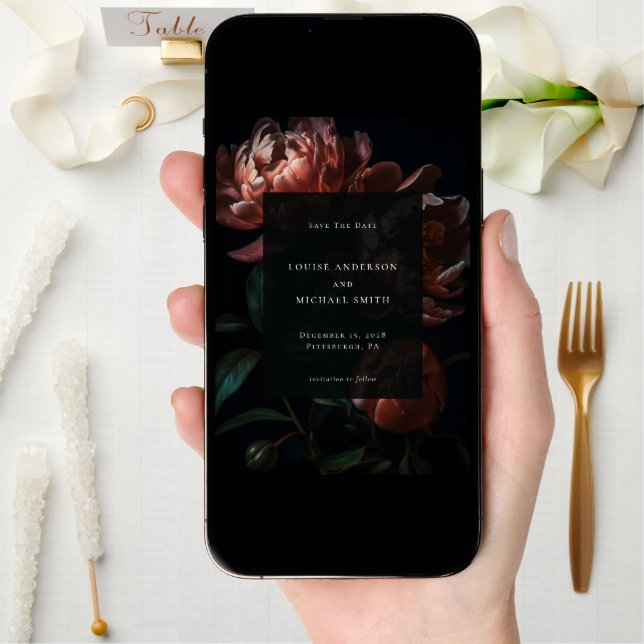 Dark Romantic Black Peony Floral Wedding Photo Save The Date (Front Digital)