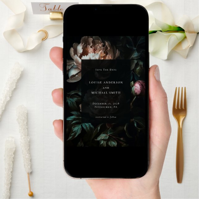 Dark Romantic Black Peony Floral Wedding Photo Save The Date (Front Digital)