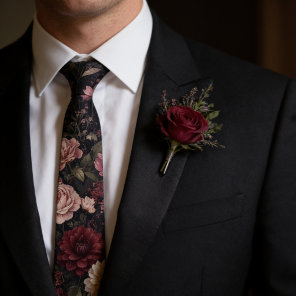 Dark Romantic Burgundy & Dusty Rose Black Floral  Neck Tie