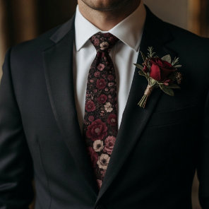 Dark Romantic Burgundy & Dusty Rose Black Floral  Neck Tie