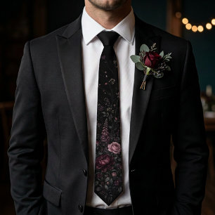 Dark Romantic Burgundy & Dusty Rose Black Floral Neck Tie