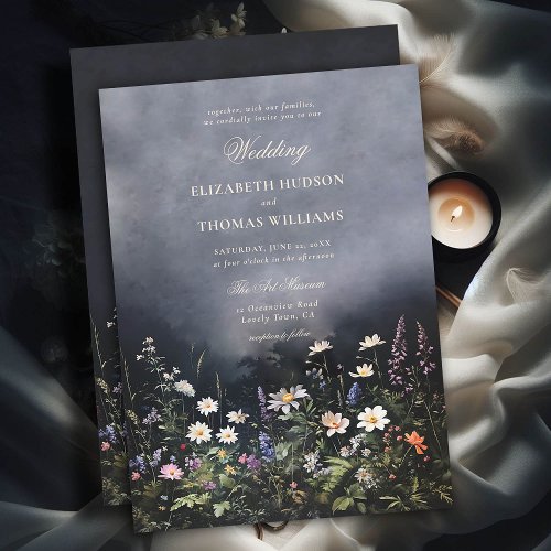Dark Romantic Dusk Moody Wildflowers Wedding Invitation
