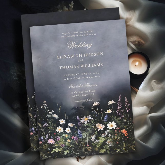 Dark Romantic Dusk Moody Wildflowers Wedding Invitation (moody dark romantic wedding invitation dusk garden wild flowers black white purple modern classic)