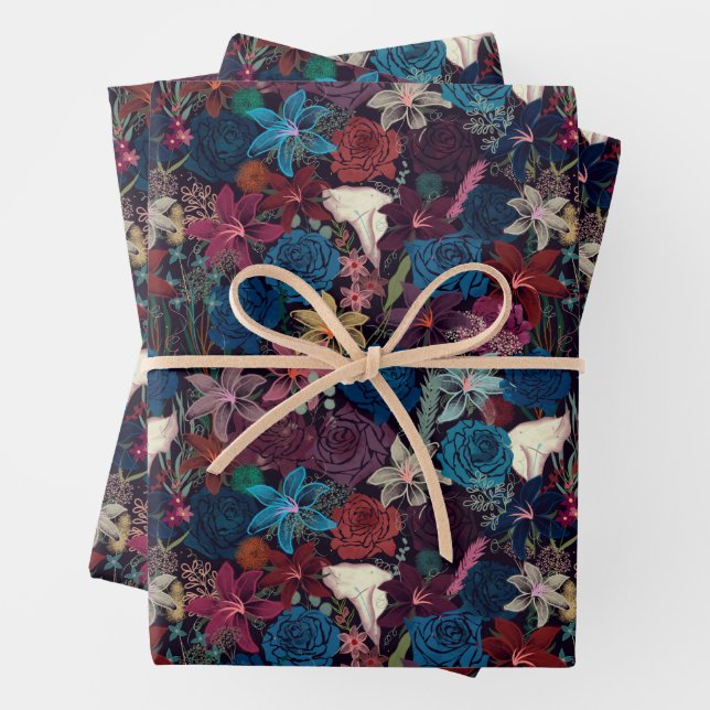 Dark Romantic Floral Pattern Wrapping Paper Sheets (In situ)