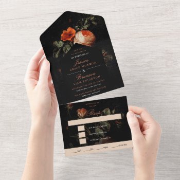 Dark Romantic Floral Roses Dutch Master Wedding All In One Invitation by beckynimoy at Zazzle