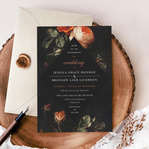 Dark Romantic Floral Roses Dutch Master Wedding Invitation