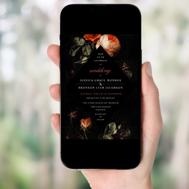 Dark Romantic Floral Roses Dutch Master Wedding Invitation (Front Digital)