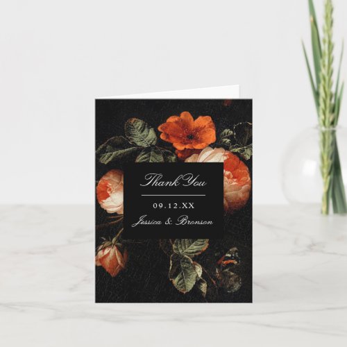 Dark Romantic Floral Roses Dutch Master Wedding Thank You Card