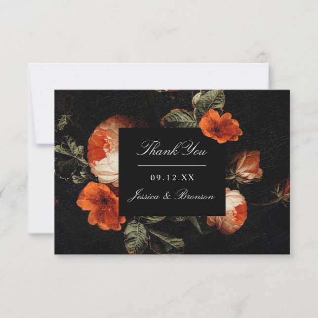 Dark Romantic Floral Roses Dutch Master Wedding Thank You Card (Front)