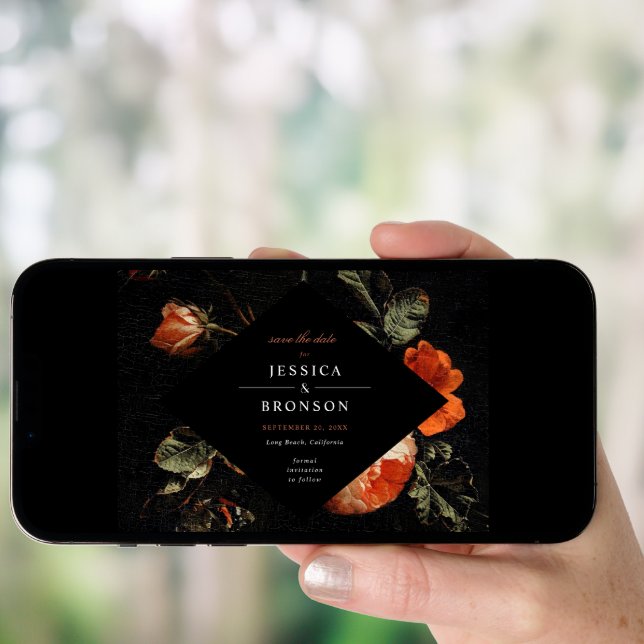 Dark Romantic Floral Roses Dutch Save the Date Invitation (Front Digital)