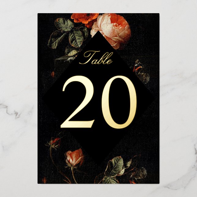 Dark Romantic Floral Roses Foil Table Numbers (Front)