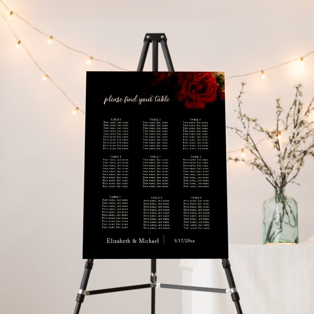 Dark Romantic Flowers Wedding Seating Char Foam Board (In Situ (Stand))