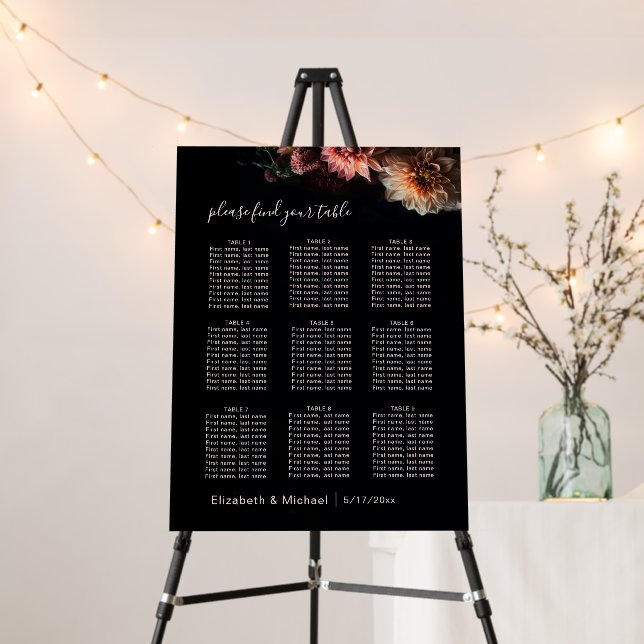 Dark Romantic Flowers Wedding Seating Chart Foam Board (In Situ (Stand))