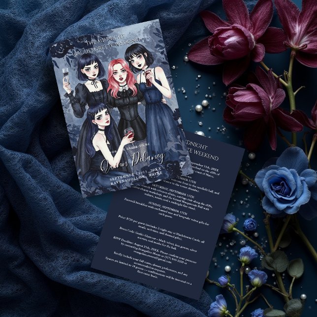 Dark Romantic Gothic Girl Bachelorette Party Invitation (Happiest Romantic Gothic Girls Together in a Funny Party Bachelorette Weekend Invitation Cards. )