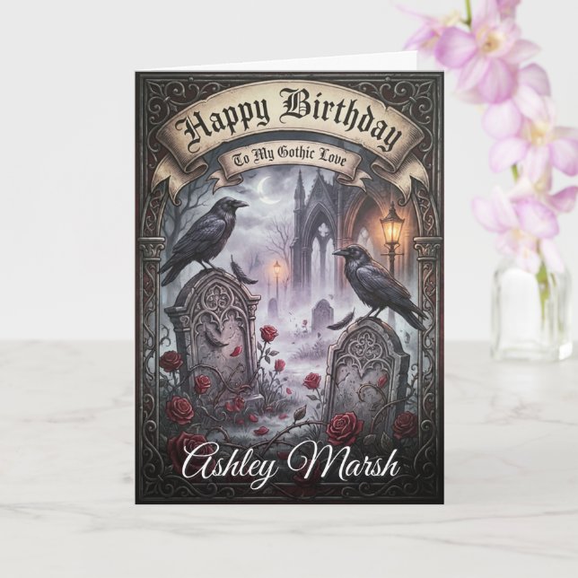 Dark Romantic Gothic Raven Lovers Birthday Card (Orchid)