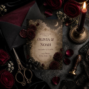 Dark Romantic Gothic Rose & Moon Wedding Invitation