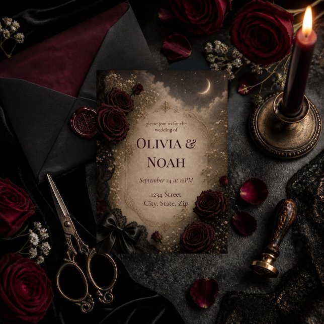 Dark Romantic Gothic Rose & Moon Wedding Invitation (Elegant gothic wedding invitation featuring deep burgundy roses, antique parchment.)