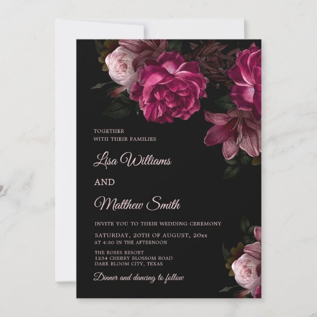 Dark Romantic Hand Drawn Roses Wedding Invitation (Front)