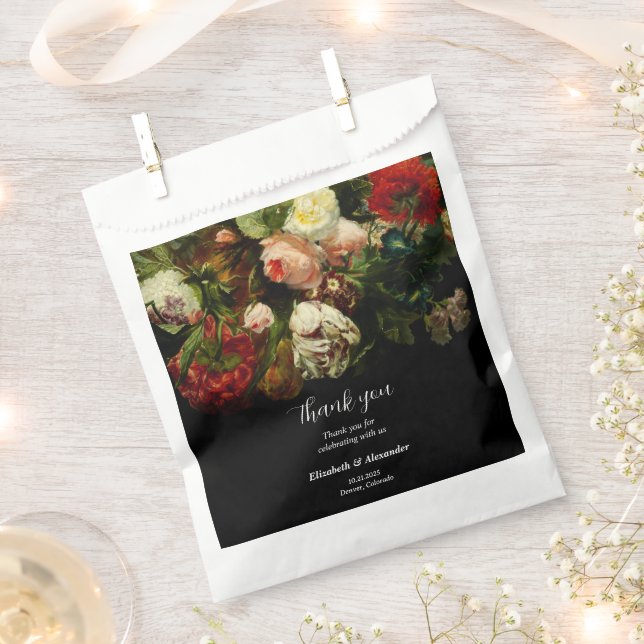 Dark romantic moody elegant floral flowers wedding favor bag (Clipped)