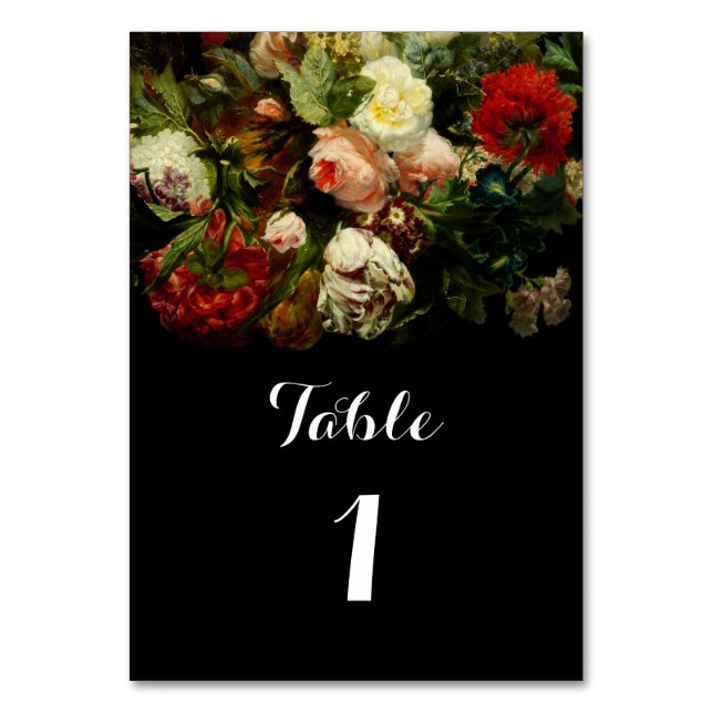 Dark romantic moody elegant floral flowers wedding table number (Front)
