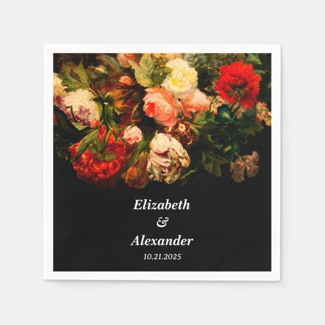 Dark romantic moody elegant floral wedding napkins (Front)
