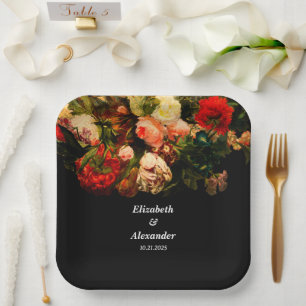 Dark romantic moody elegant floral wedding paper plates