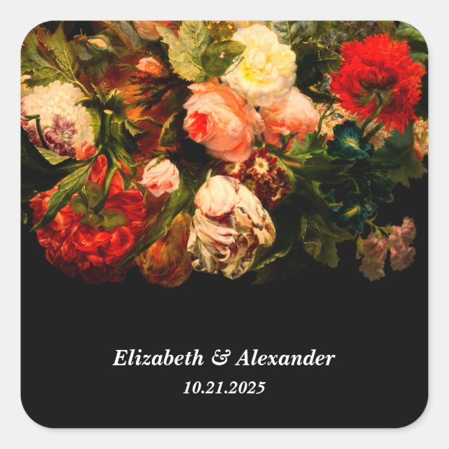 Dark romantic moody elegant floral wedding square sticker (Front)
