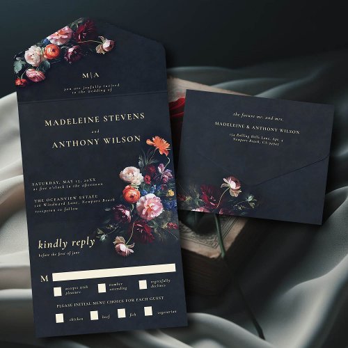 Dark Romantic Moody Floral Black Fairytale Wedding All In One Invitation