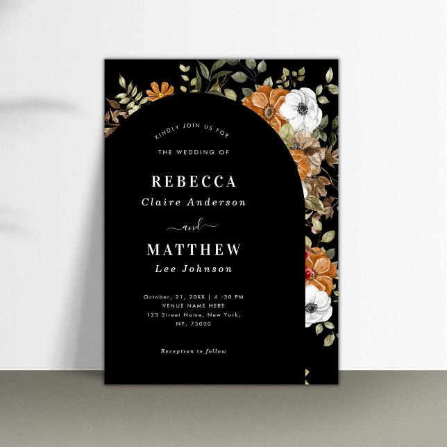 Dark Romantic Moody Floral Boho Arch Black Wedding Invitation (Creator Uploaded)