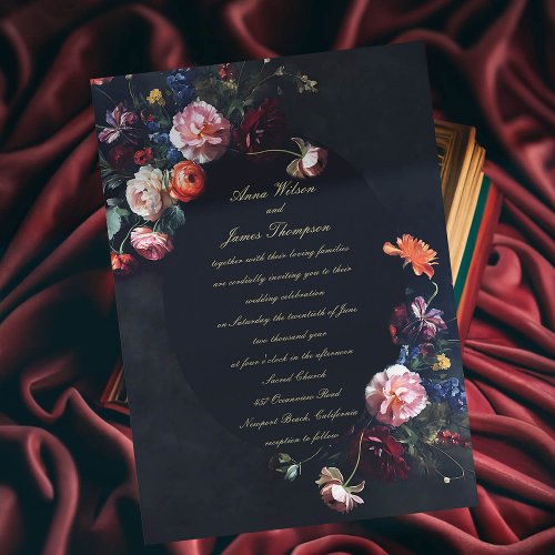 Dark Romantic Moody Floral Calligraphy Wedding Invitation