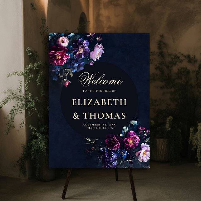 Dark Romantic Moody Florals Black Wedding Welcome Foam Board (dark moody wedding welcome board purple black jewel tones dutch painting romantic gothic)