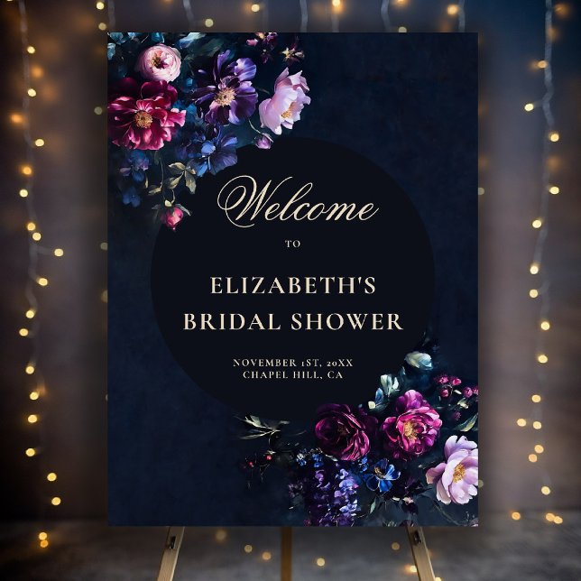 Dark Romantic Moody Florals Bridal Shower Welcome Foam Board (moody bridal shower decor jewel tones dark navy welcome sign custom winter fall)