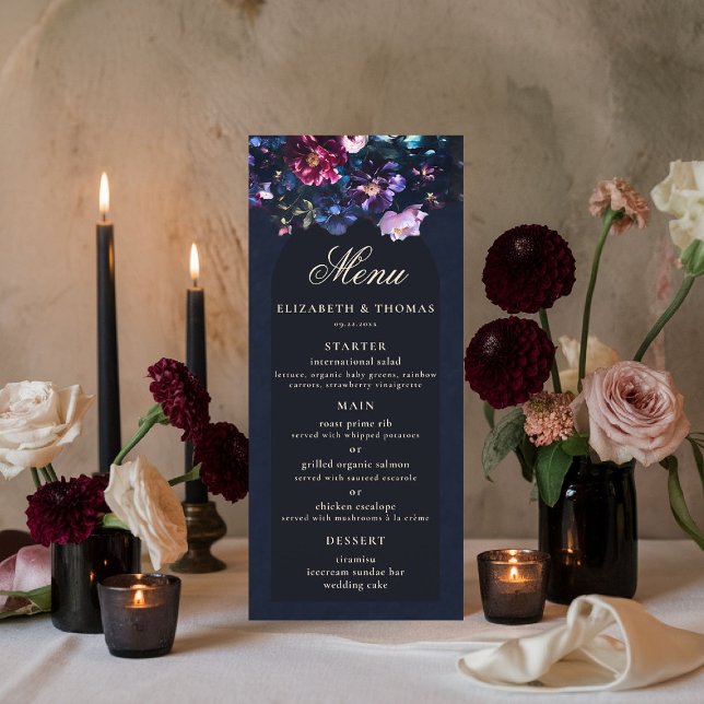 Dark Romantic Moody Florals Gothic Black Wedding Menu (dark moody wedding menu purple black jewel tones dutch painting romantic gothic fall winter)