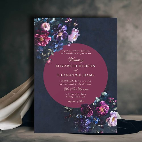 Dark Romantic Moody Florals Jewel Burgundy Wedding Invitation