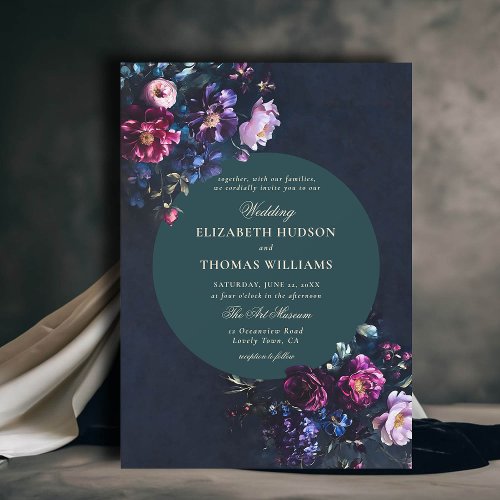 Dark Romantic Moody Florals Jewel Emerald Wedding Invitation