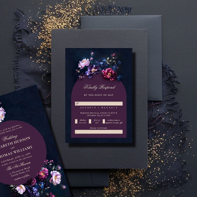 Dark Romantic Moody Florals Jewel Mauve Wedding RSVP Card (dark romantic wedding RSVP reply respond jewel moody floral painting modern classic elegant formal)
