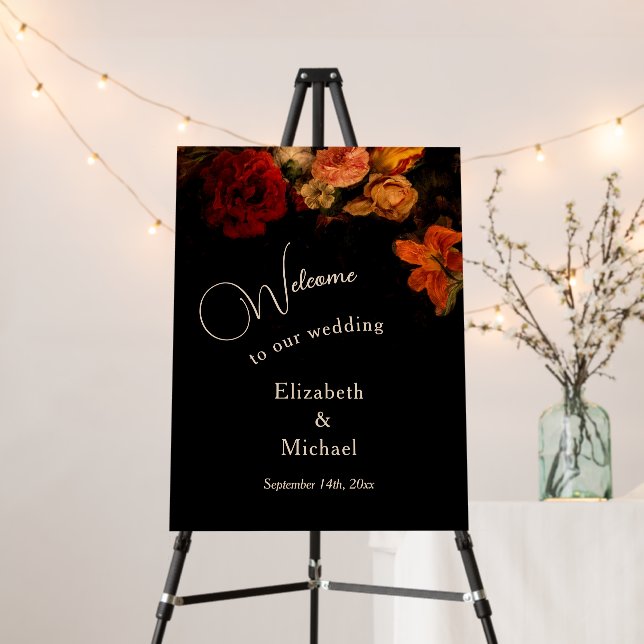 Dark Romantic Painted Flowers Wedding Welcome Foam Board (In Situ (Stand))