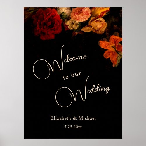 Dark Romantic Painted Flowers Wedding Welcome