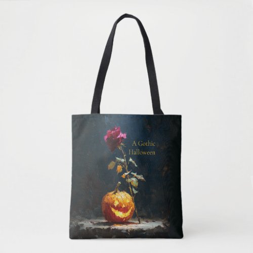Dark Romantic Pumpkin and Rose Halloween Tote Bag