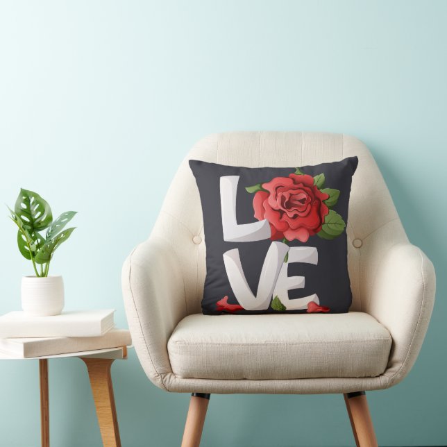 Dark Romantic Red Rose Love Typography Botanical Throw Pillow (Chair)